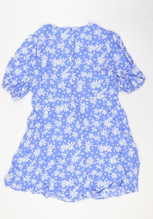 Marks and Spencer Womens Blue Floral Viscose A-Line Size 14 Round Neck Zip