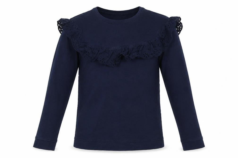 Vertbaudet Girls Blue Cotton Basic T-Shirt Size 10 Years Crew Neck - Ruffle Collar