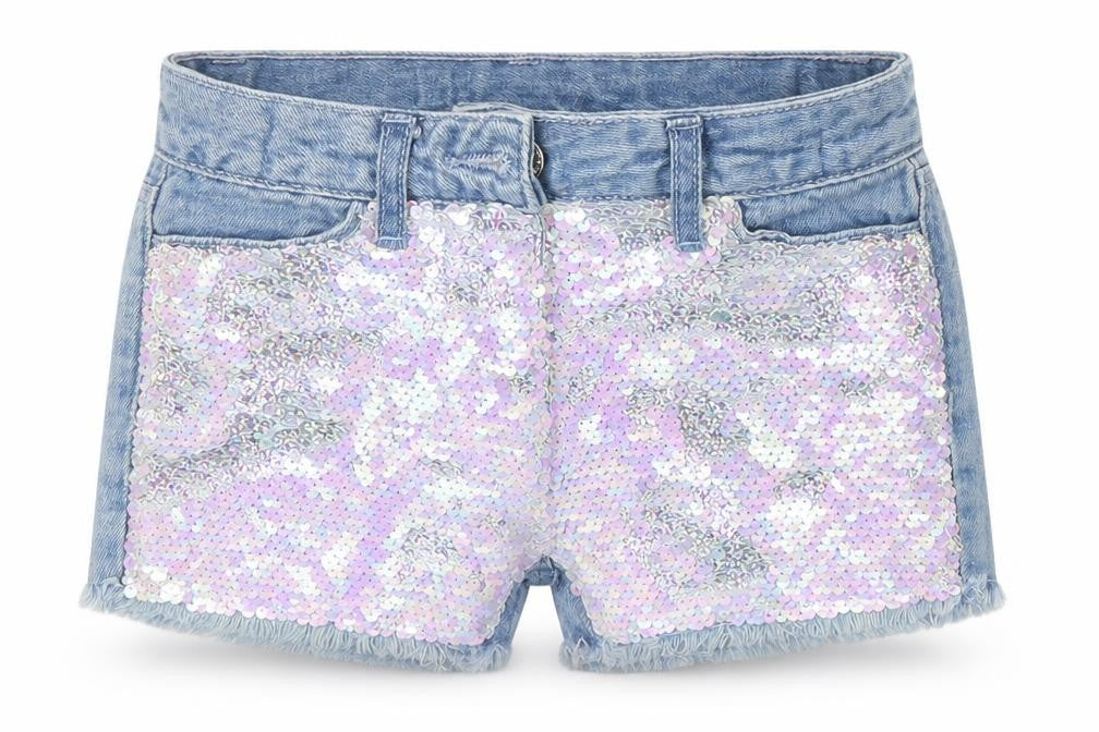 Front view of I love girlswear girls’ blue 100% cotton hot pants shorts, size 6, years regular - sequin detail