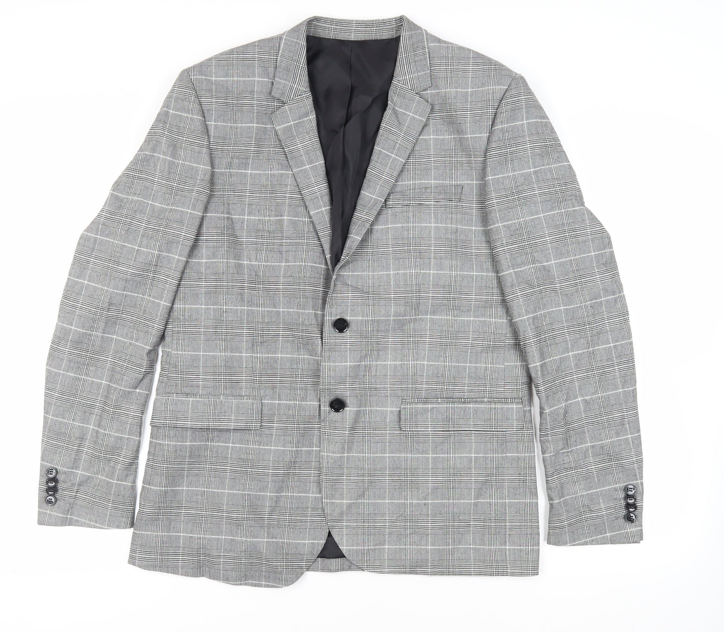 H&M Mens Grey Plaid Polyester Jacket Blazer Size 42 Regular