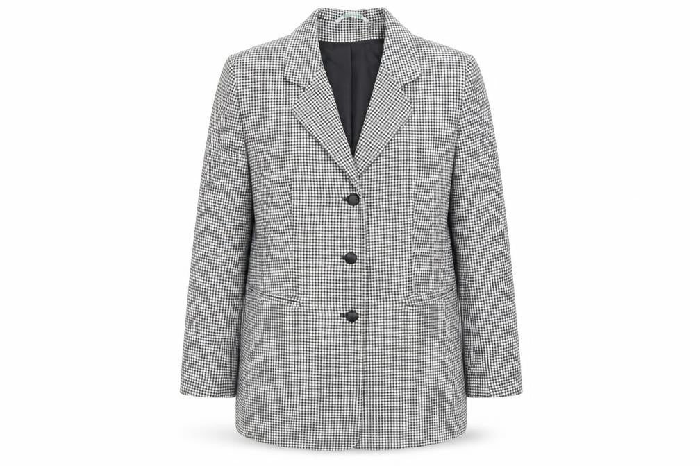 Front view of Canda women’s black check jacket blazer, size UK 16, button - vintage