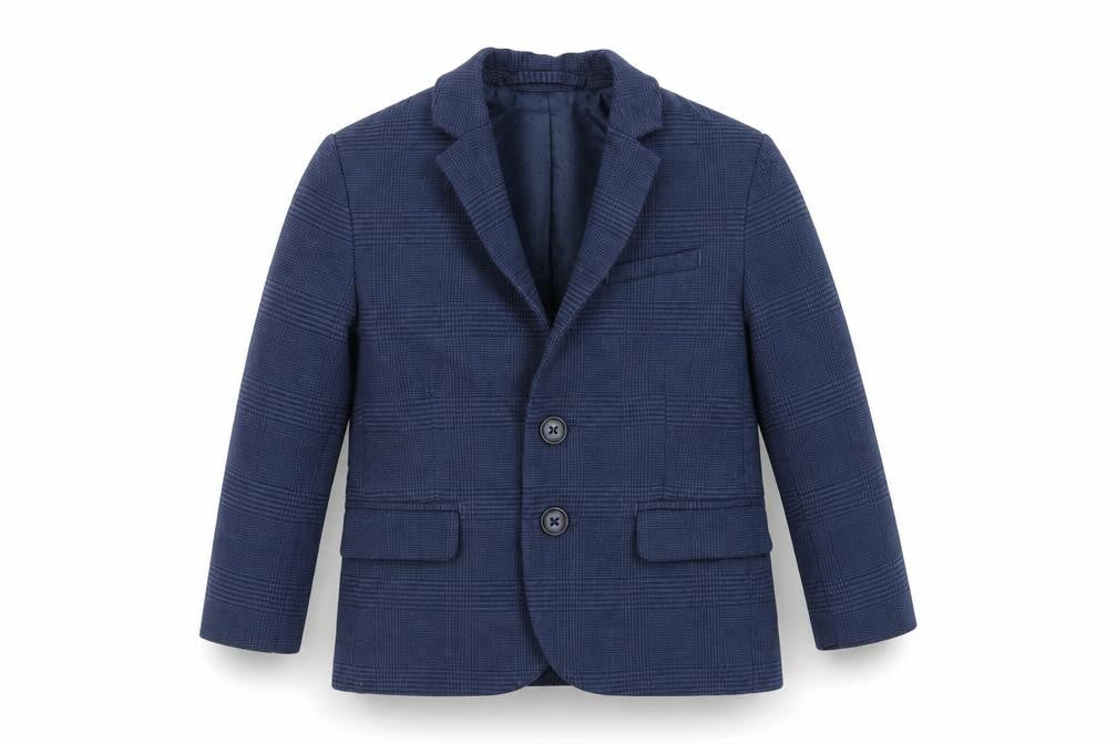 Front view of H&M boys’ blue plaid jacket blazer, size 2-3, years button