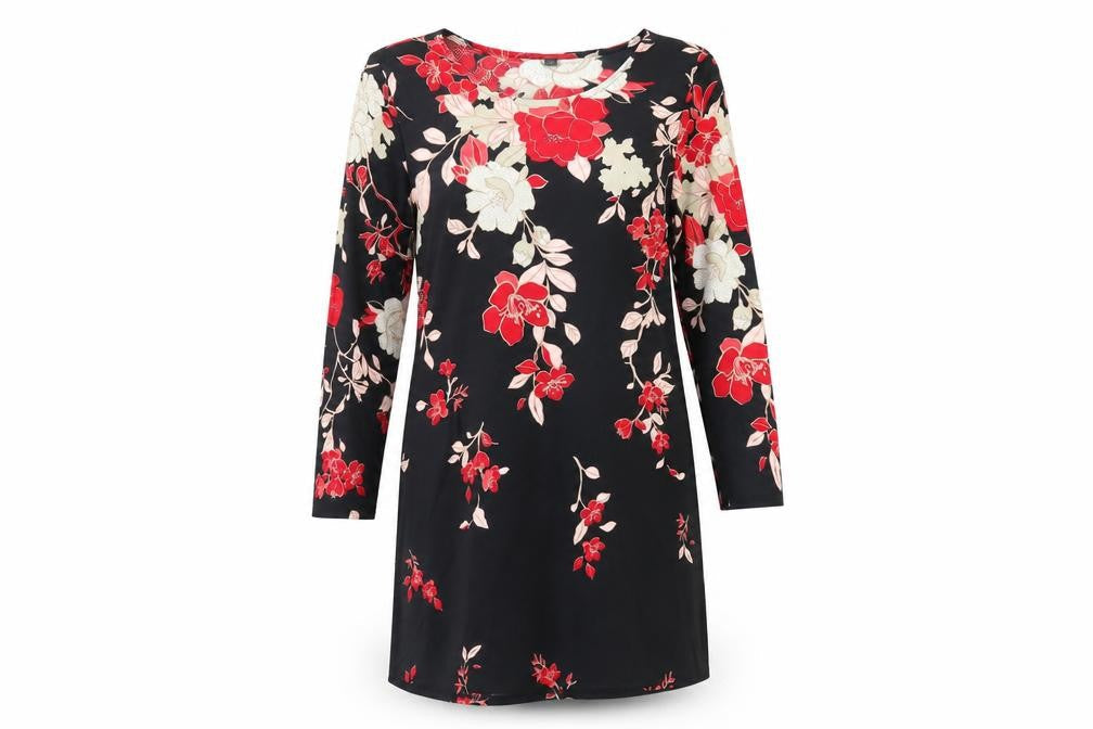 Bonmarché Womens Black Floral Polyester Tunic Blouse Size 12 Round Neck