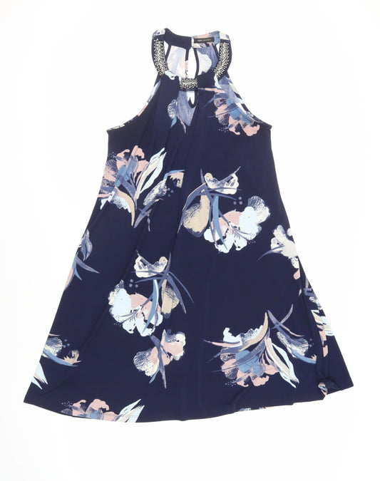 NEXT Womens Blue Floral Polyester Trapeze & Swing Size 8 Halter Button - Embellished Neckline