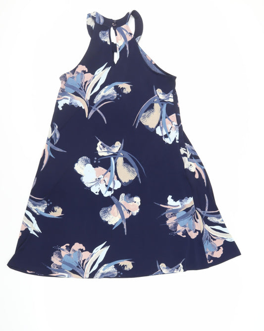 NEXT Womens Blue Floral Polyester Trapeze & Swing Size 8 Halter Button - Embellished Neckline