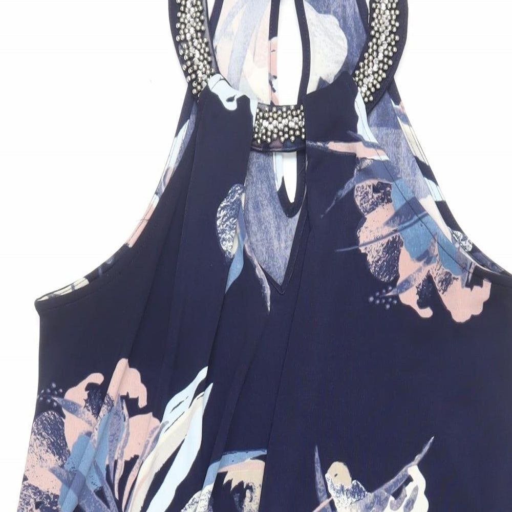 NEXT Womens Blue Floral Polyester Trapeze & Swing Size 8 Halter Button - Embellished Neckline