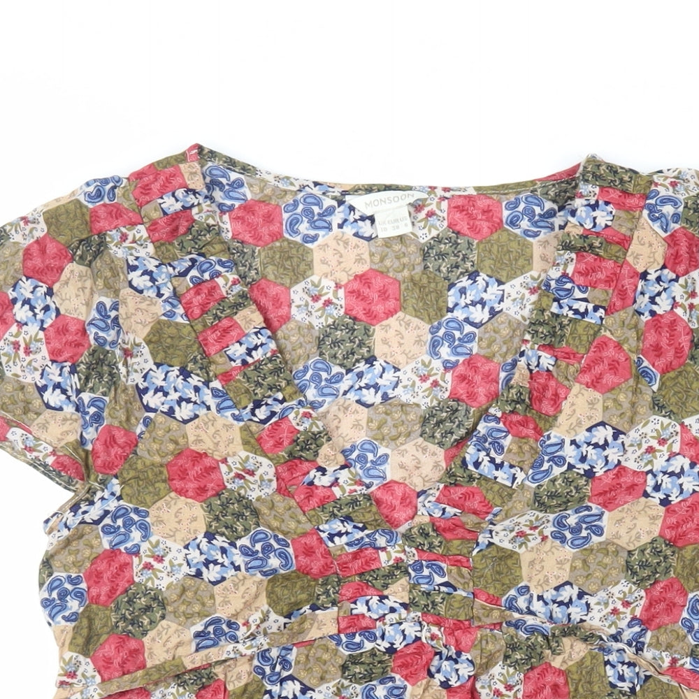 Monsoon Womens Multicoloured Geometric Cotton Basic Blouse Size 10 V-Neck