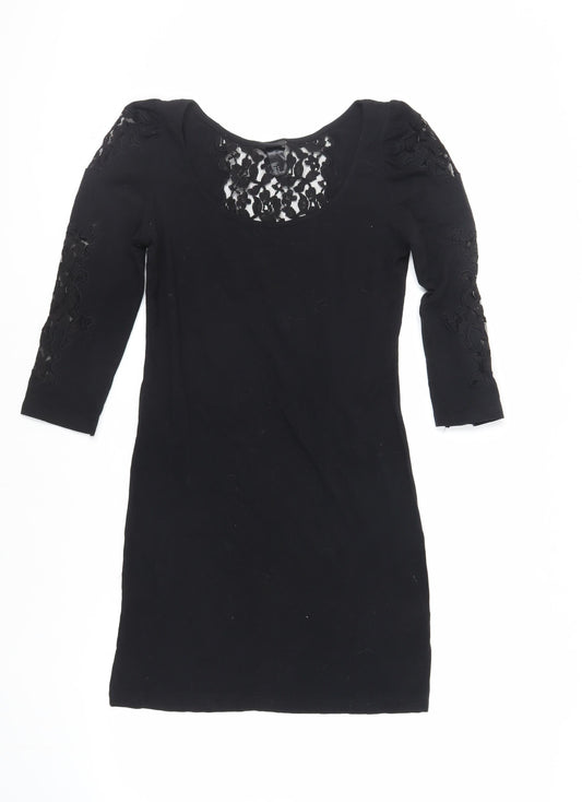 H&M Womens Black Cotton Mini Size M Boat Neck Pullover - Lace Detail