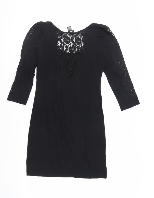 H&M Womens Black Cotton Mini Size M Boat Neck Pullover - Lace Detail