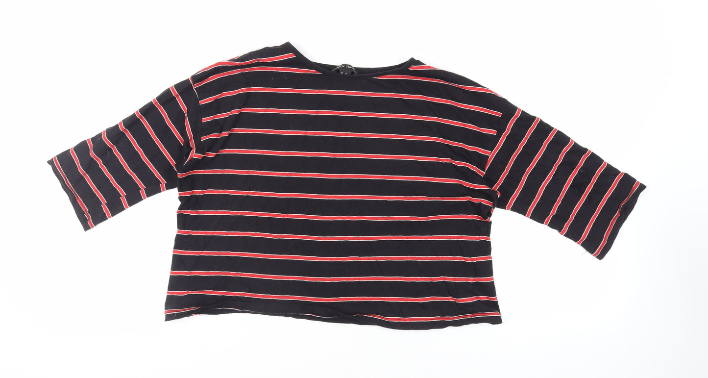 New Look Womens Black Striped Cotton Cropped T-Shirt Size 16 Crew Neck