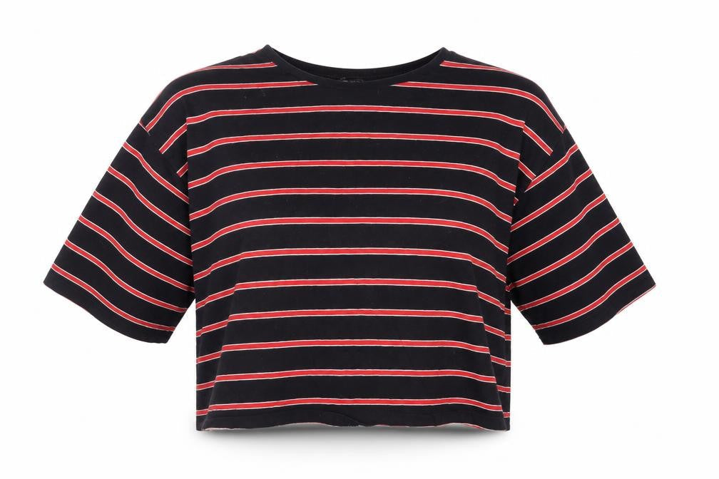 New Look Womens Black Striped Cotton Cropped T-Shirt Size 16 Crew Neck