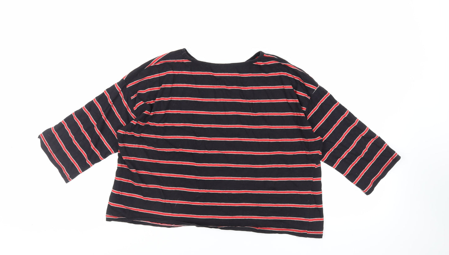 New Look Womens Black Striped Cotton Cropped T-Shirt Size 16 Crew Neck