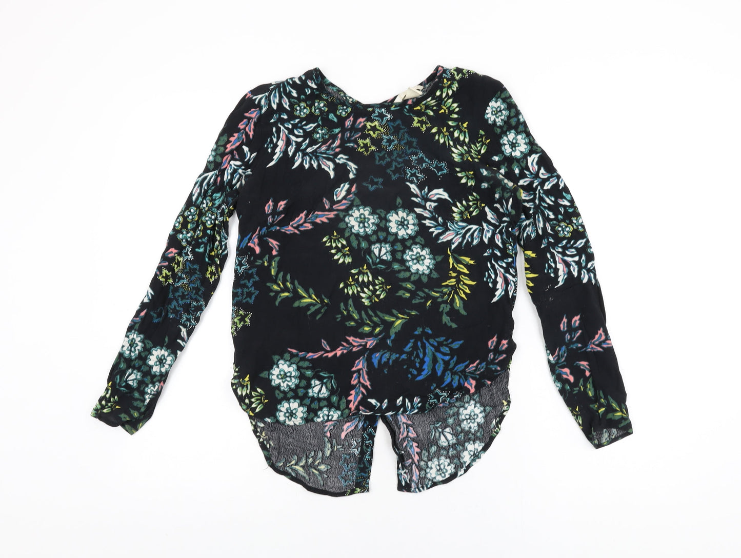 H&M Womens Black Floral Viscose Basic T-Shirt Size 4 Round Neck