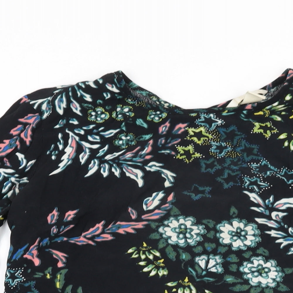 H&M Womens Black Floral Viscose Basic T-Shirt Size 4 Round Neck