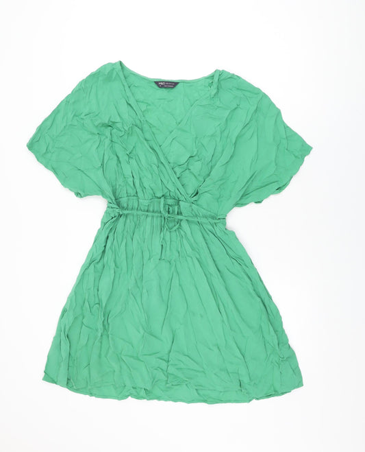Marks and Spencer Womens Green Viscose Skater Dress Size 14 V-Neck Tie