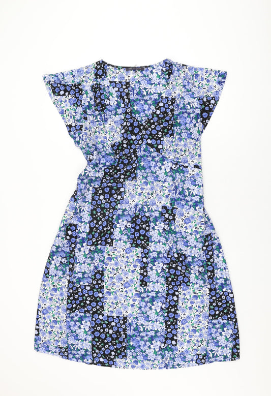 Marks and Spencer Womens Blue Floral Polyester A-Line Size 16 V-Neck Pullover