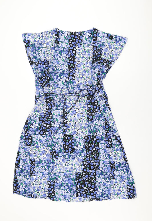 Marks and Spencer Womens Blue Floral Polyester A-Line Size 16 V-Neck Pullover