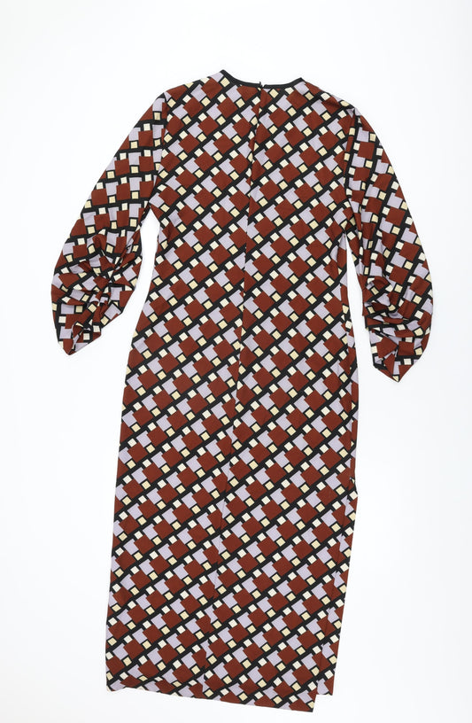 Zara Womens Brown Geometric Polyester Maxi Size S Round Neck Zip