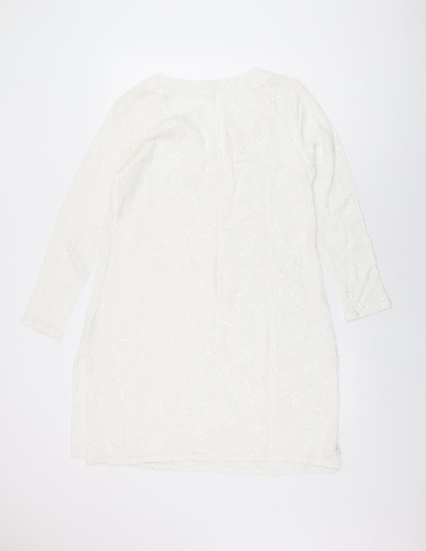 Nomads Womens White Geometric Cotton Tunic T-Shirt Size 8 V-Neck