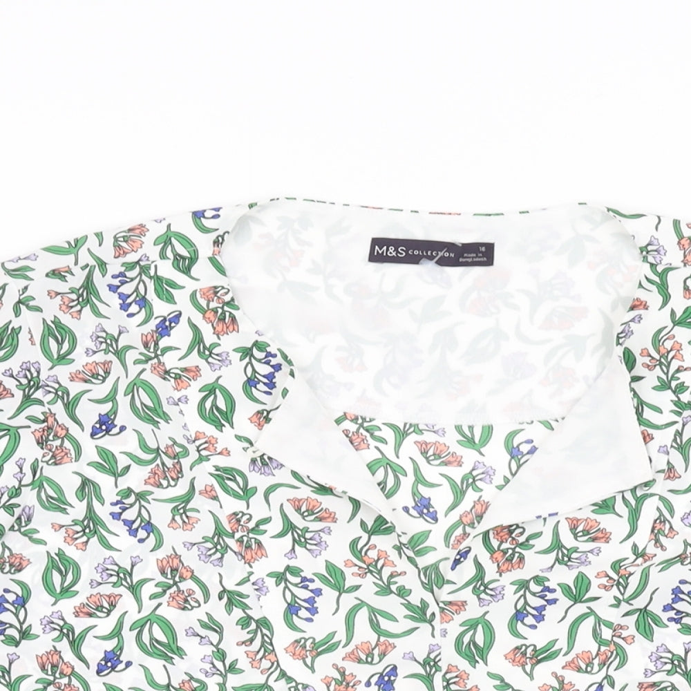 Marks and Spencer Womens White Floral Polyester Basic Blouse Size 16 V-Neck