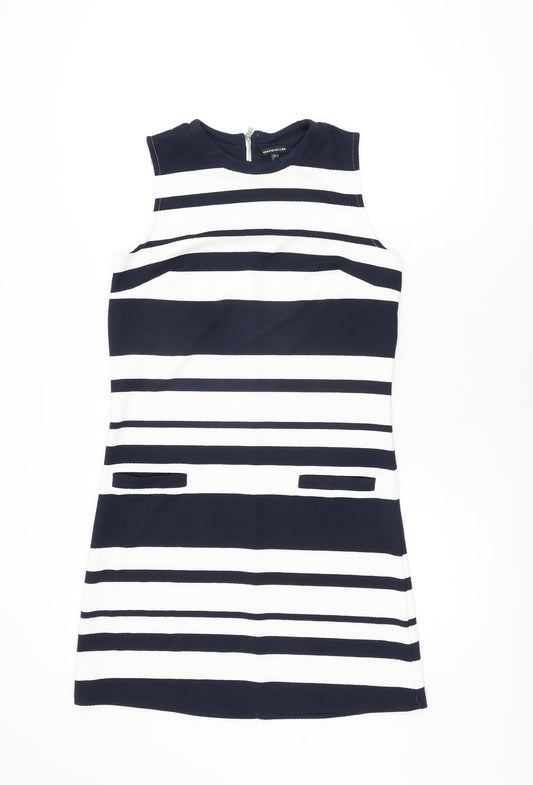Warehouse Womens White Striped Polyester Shift Size 10 Round Neck Zip