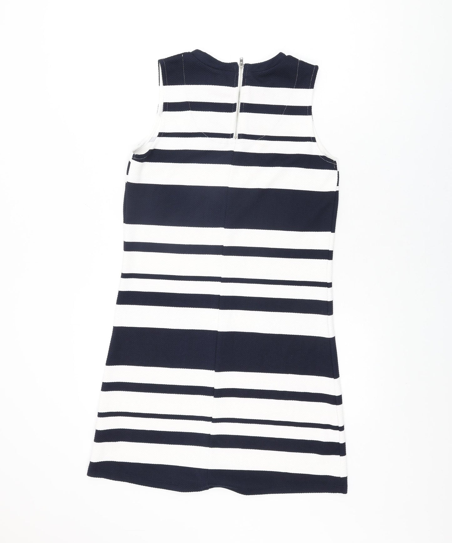 Warehouse Womens White Striped Polyester Shift Size 10 Round Neck Zip