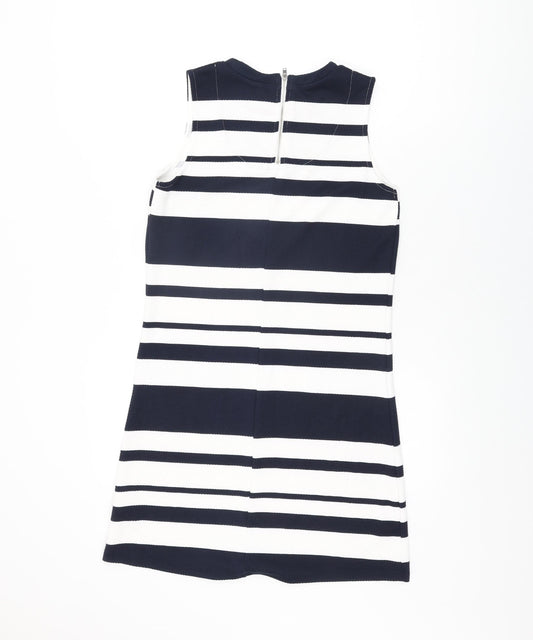 Warehouse Womens White Striped Polyester Shift Size 10 Round Neck Zip