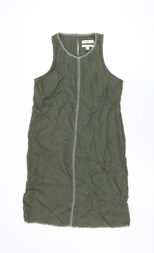 Marks and Spencer Womens Green Linen Shift Size 8 Round Neck Button