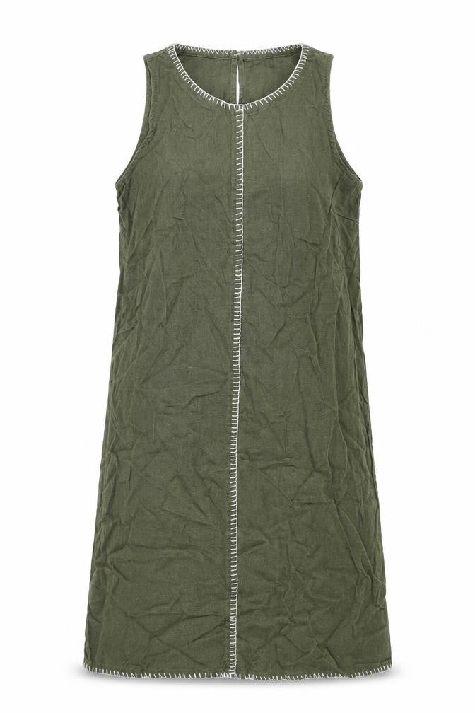 Marks & Spencer Womens Green Linen Shift Size 8 Round Neck Button