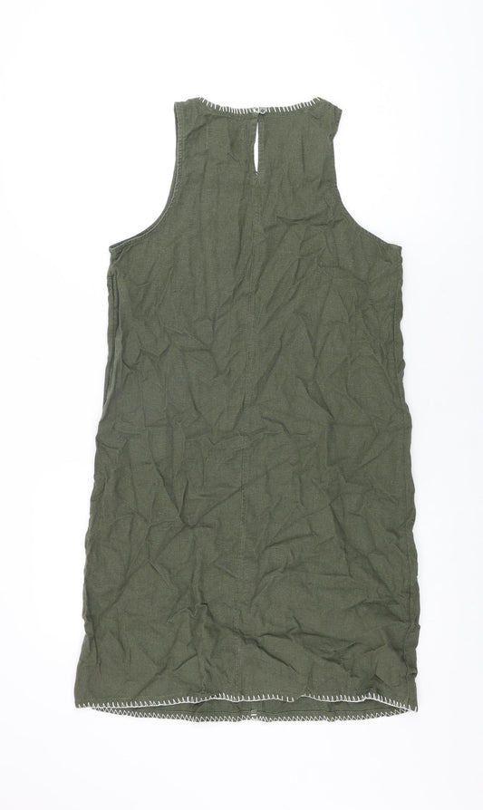 Marks and Spencer Womens Green Linen Shift Size 8 Round Neck Button