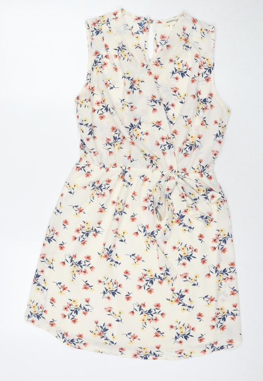 Monteau Womens Ivory Floral Polyester Fit & Flare Size L V-Neck Pullover