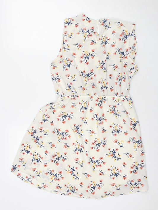 Monteau Womens Ivory Floral Polyester Fit & Flare Size L V-Neck Pullover