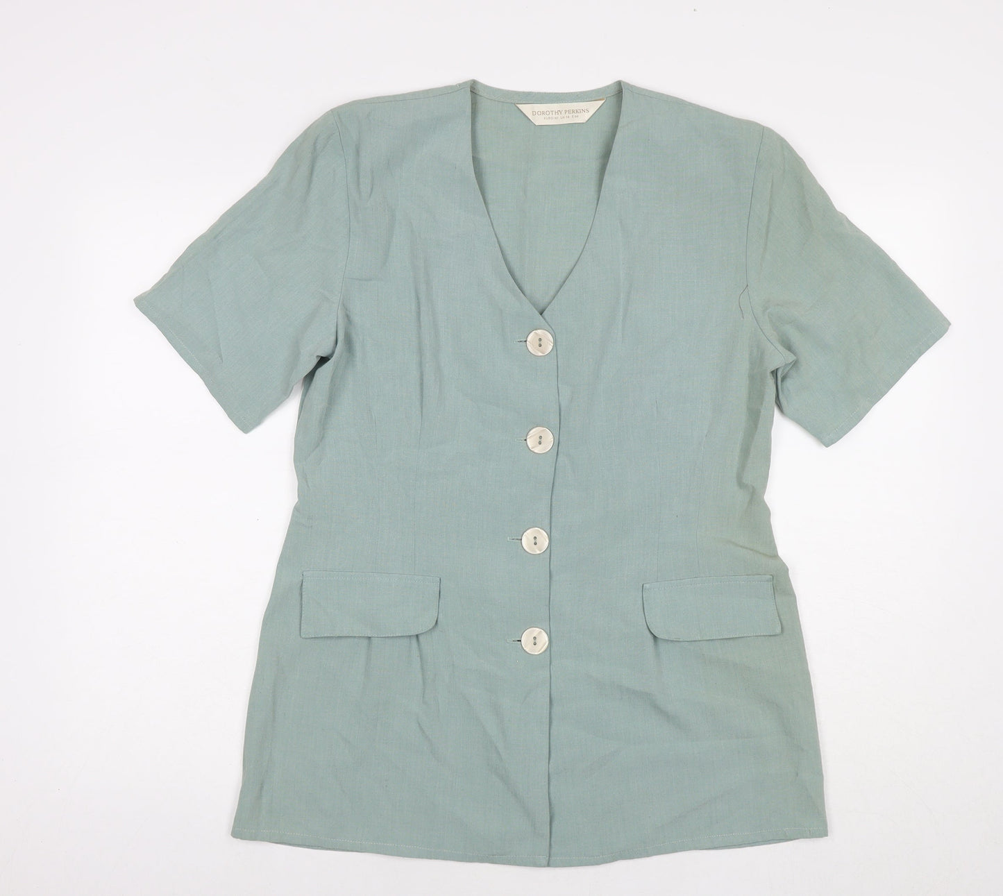 Dorothy Perkins Womens Blue Polyester Basic Button-Up Size 14 V-Neck - Shoulder Pads