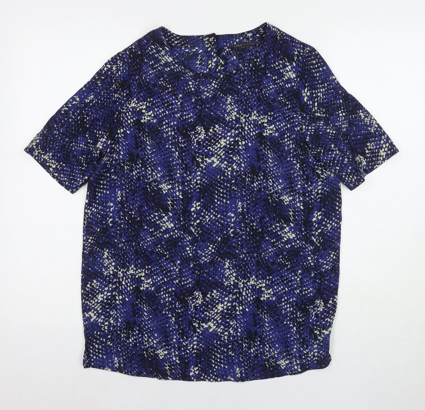 Marks and Spencer Womens Blue Geometric Polyester Basic T-Shirt Size 8 Round Neck