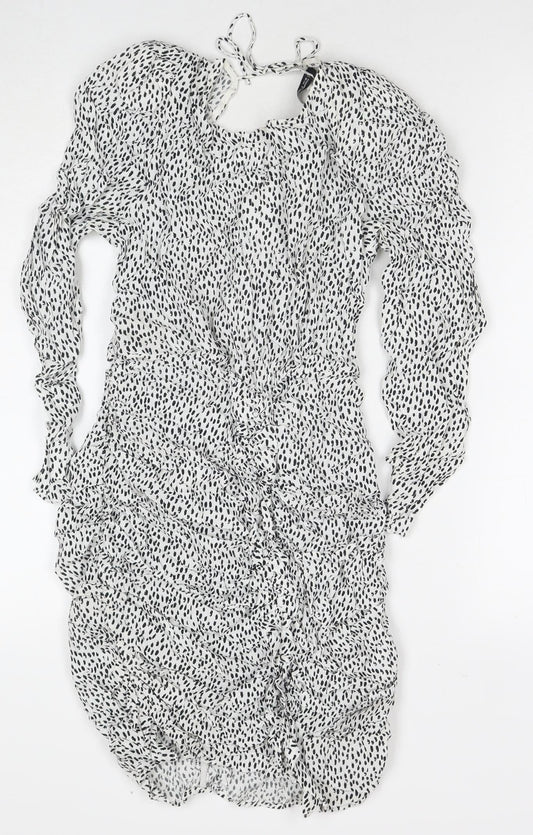Zara Womens White Polka Dot Viscose A-Line Size S V-Neck Zip