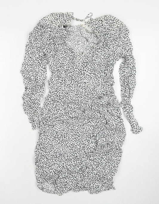 Zara Womens White Polka Dot Viscose A-Line Size S V-Neck Zip