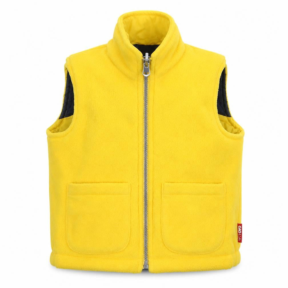 Front view of Gio Kids boys’ yellow gilet waistcoat, size 24, months zip - reversible