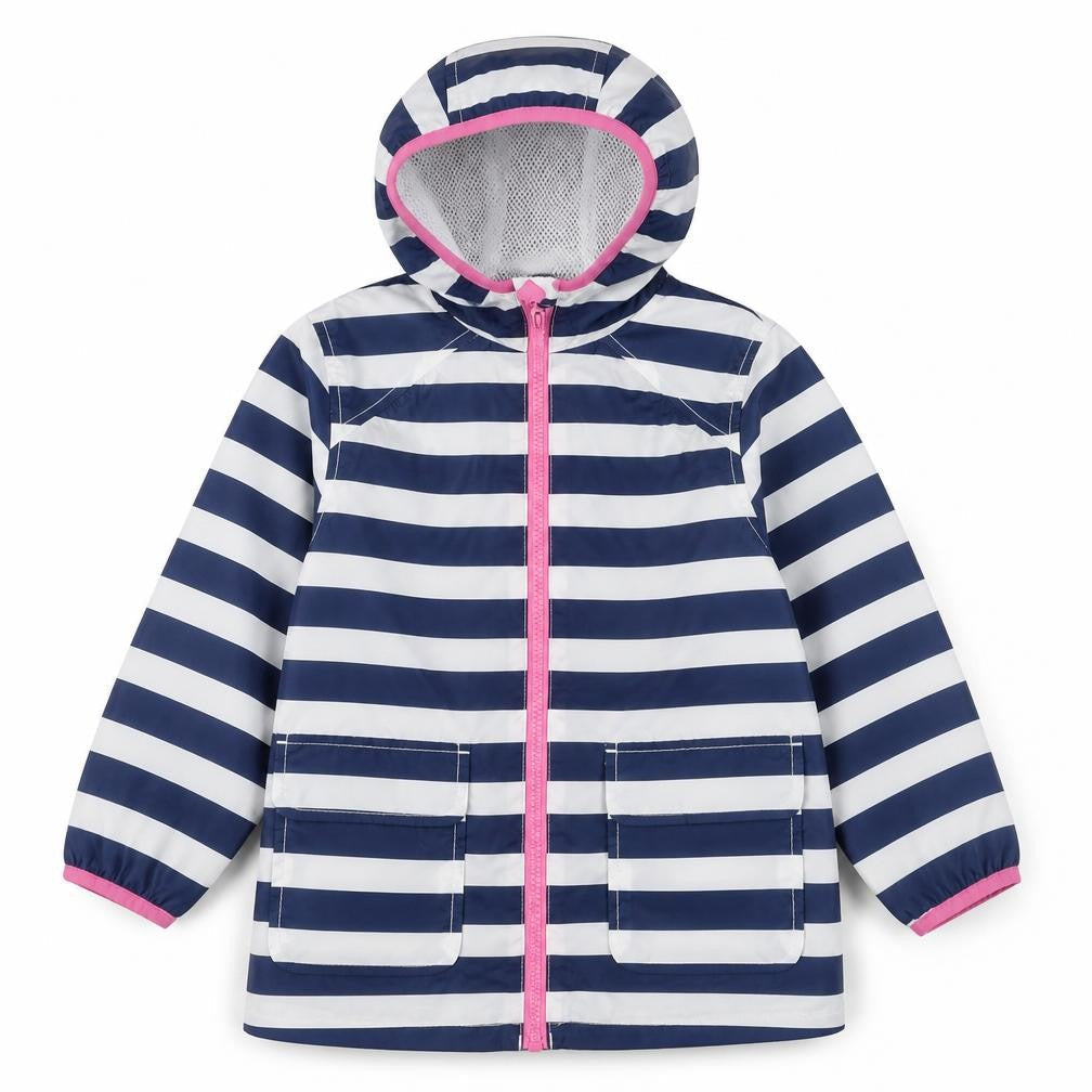 Front view of Marks & Spencer girls’ blue striped rain coat jacket, size 4-5, years zip