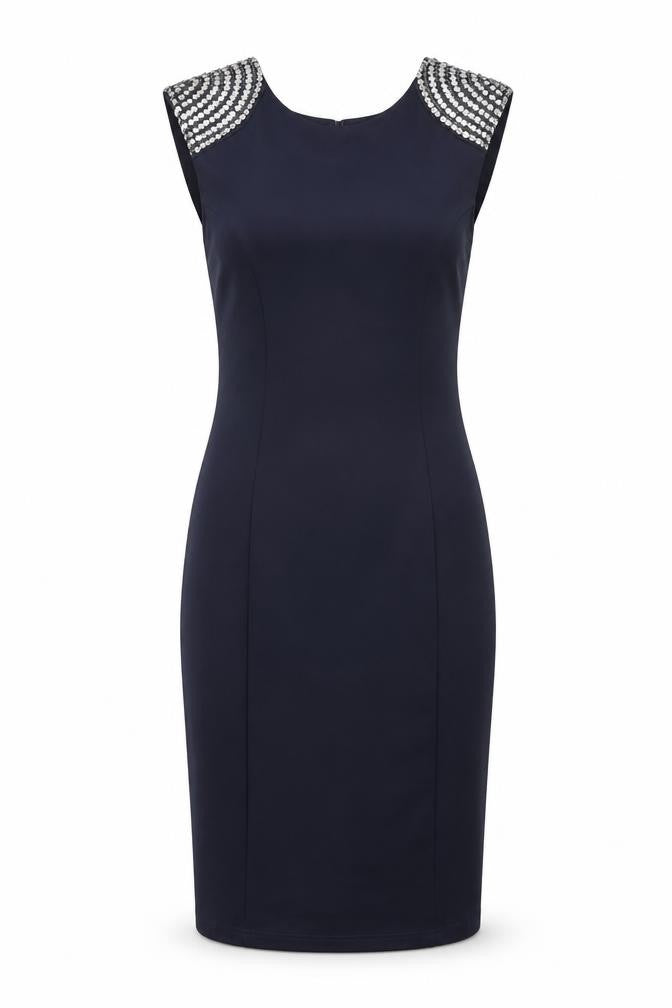 Front view of Miss Selfridge women’s blue polyester bodycon, size UK 8, round neck zip