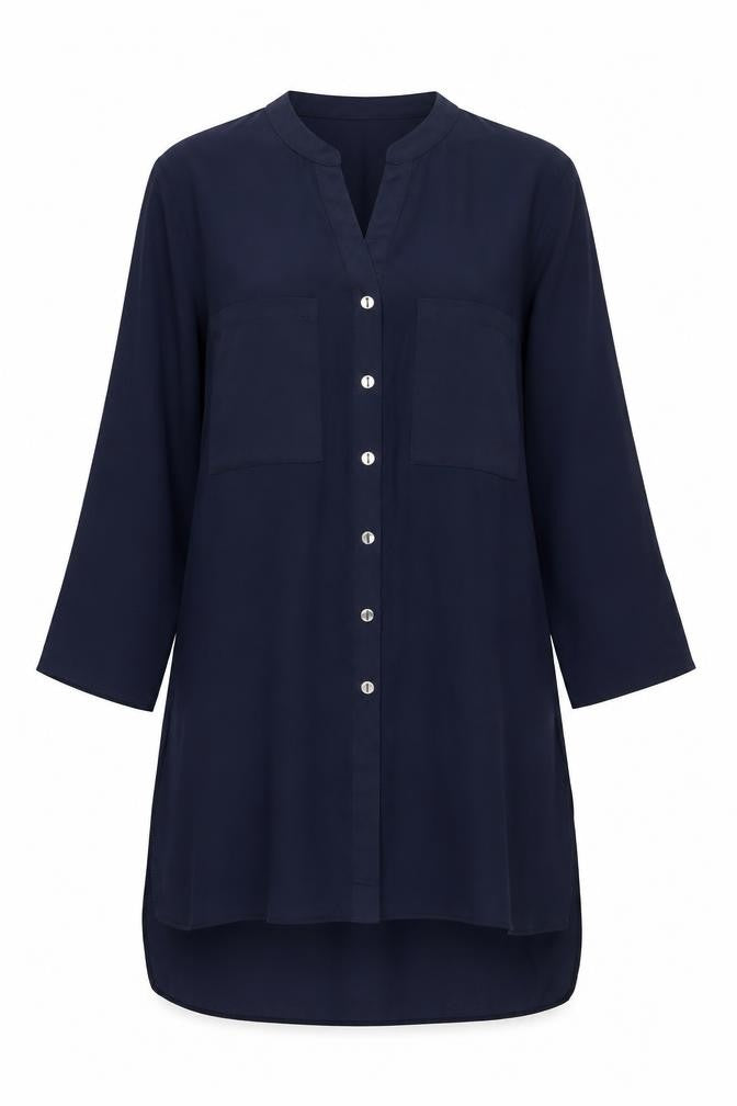 Front view of Roman women’s blue polyester a-line, size UK 10, v-neck button