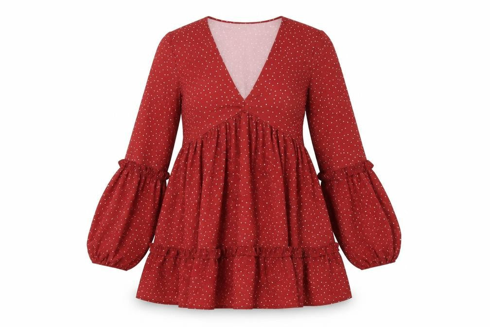 Front view of In the Style women’s red polka dot polyester a-line, size UK 10, v-neck pullover
