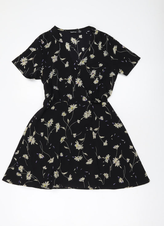 Boohoo Womens Black Polyester Wrap Dress Size 4 V-Neck Tie