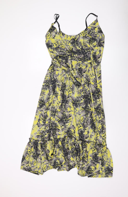 Libby Loves Womens Yellow Geometric Polyester Wrap Dress Size 10 V-Neck Tie