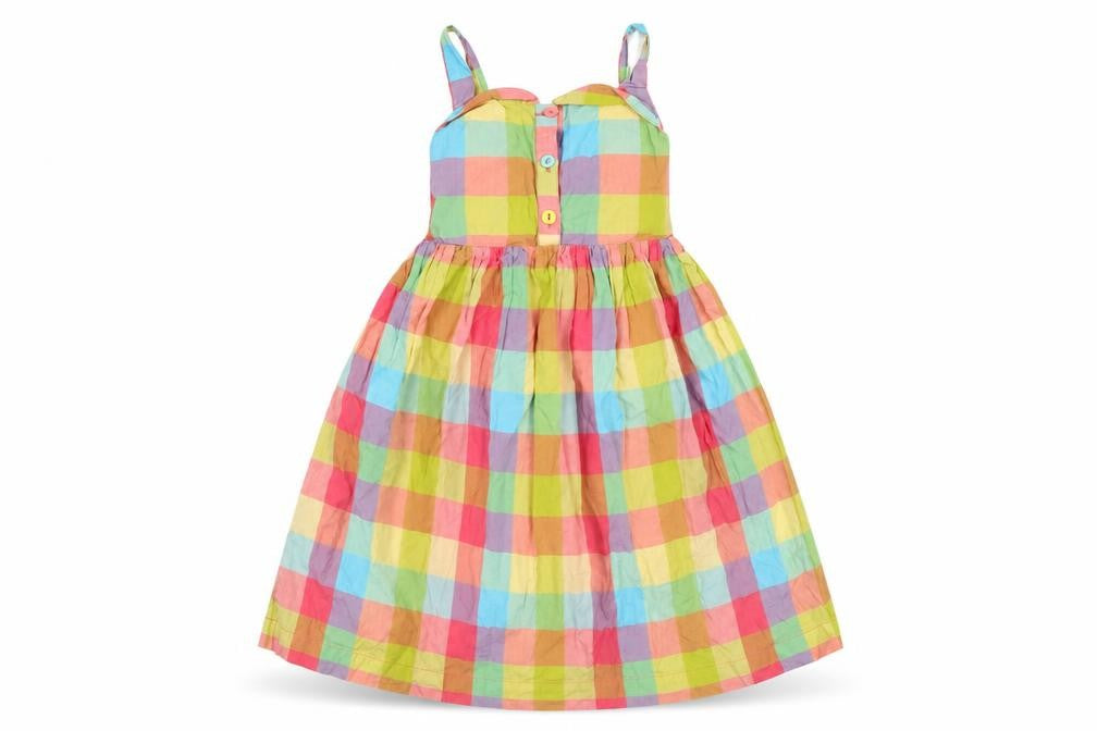 Indigo Girls Multicoloured Check Cotton Skater Dress Size 6-7 Years Square Neck Button
