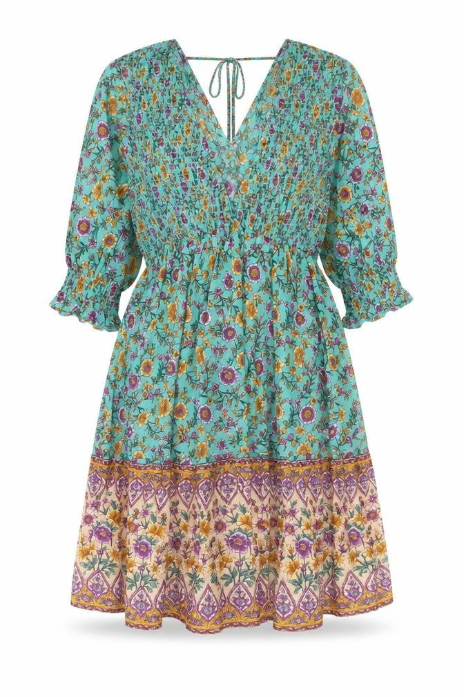 jjwm woman Womens Multicoloured Floral Cotton A-Line Size S V-Neck Tie