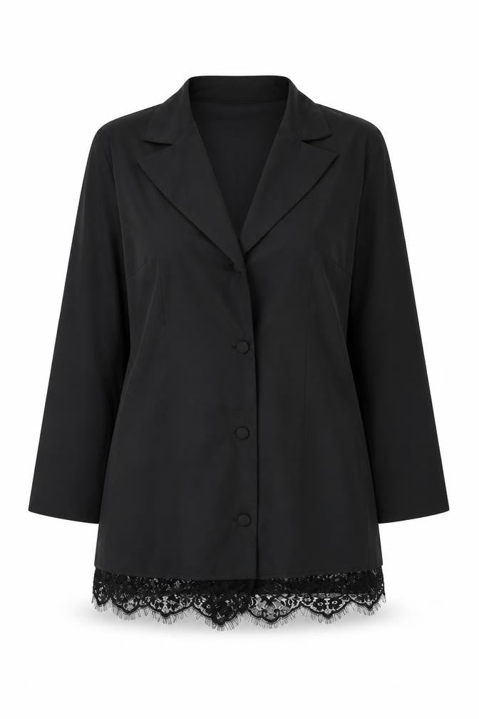 Front view of In the Style women’s black jacket, size UK 14, button