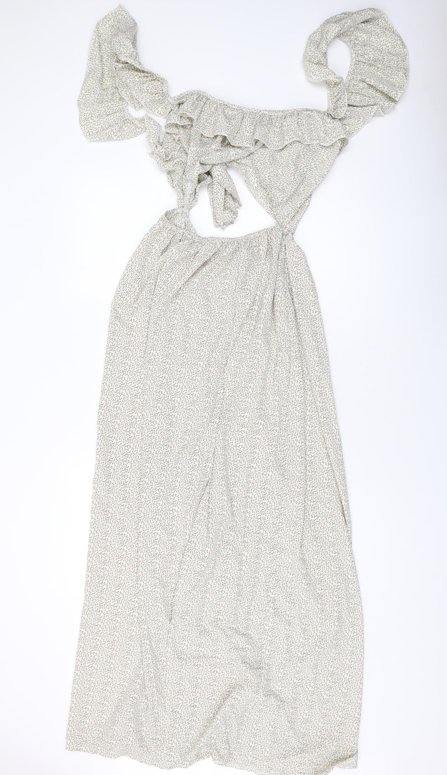 PRETTYLITTLETHING Womens Beige Floral Polyester Maxi Size 16 V-Neck Tie
