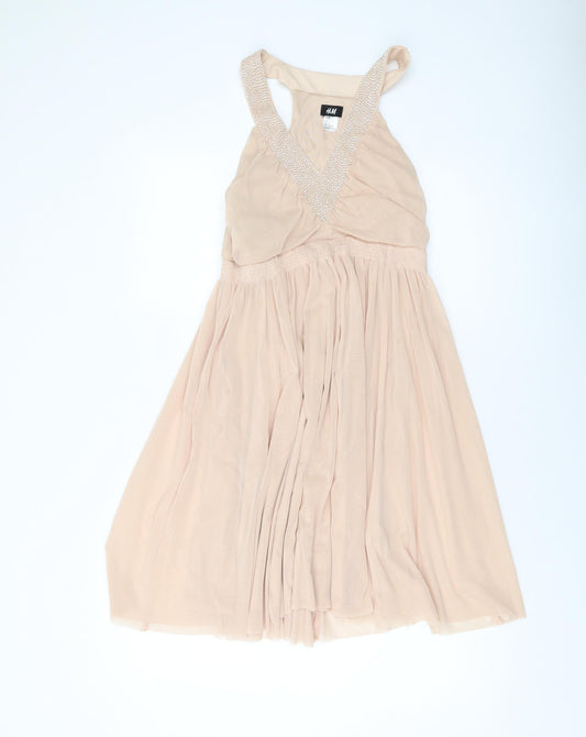 H&M Womens Pink Polyester Skater Dress Size M V-Neck Pullover