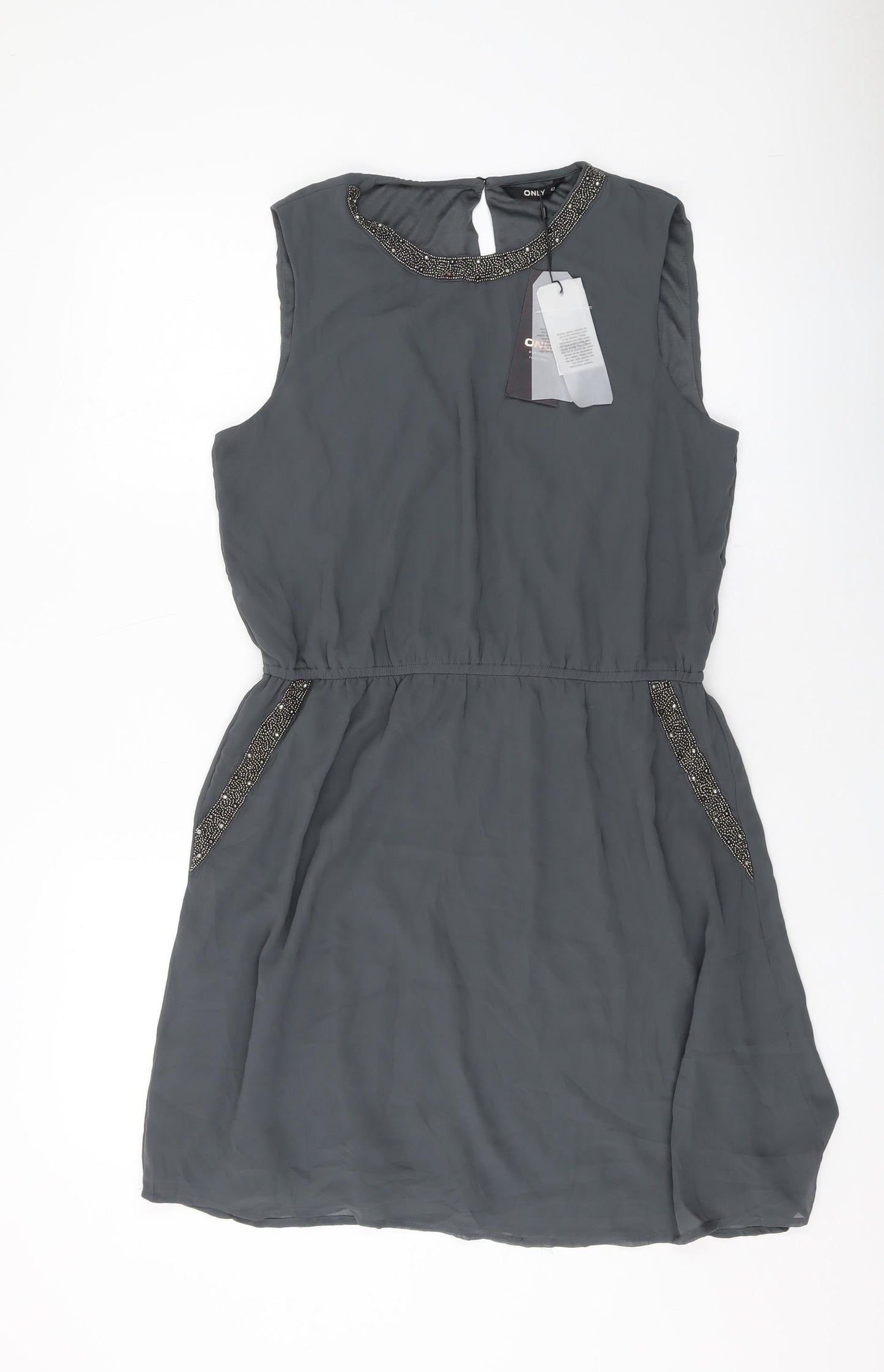 Only Womens Grey Polyester A-Line Size 14 Round Neck Button