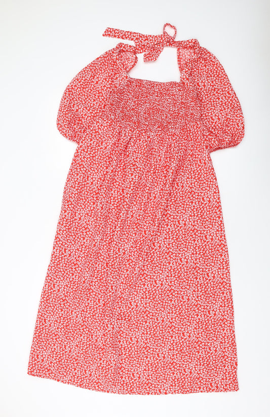 Lola May Womens Red Geometric Polyester A-Line Size 10 Square Neck Pullover